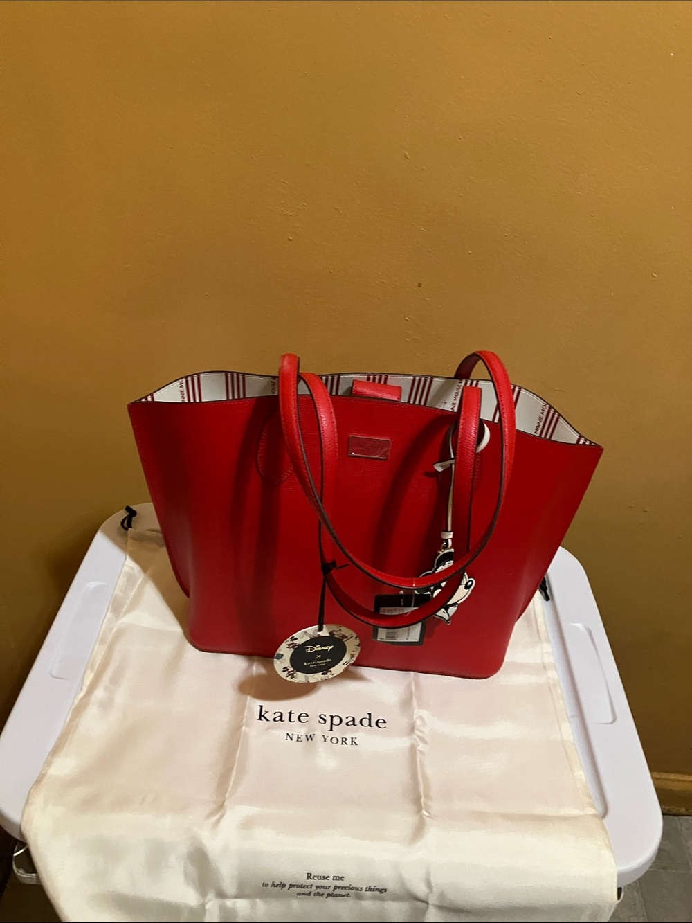 kate spade red leather tote with striped interior trim